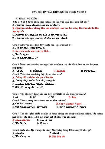 Câu hỏi ôn tập giữa học kỳ I môn Công nghệ 6 (Có đáp án)
