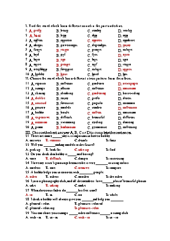 Câu hỏi ôn tập giữa học kỳ I môn Tiếng Anh Lớp 7 (Có đáp án)