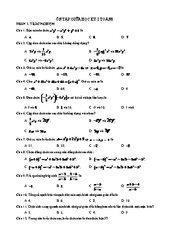 Câu hỏi ôn tập giữa học kỳ I môn Toán Lớp 8