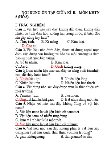 Câu hỏi ôn tập giữa học kỳ II môn Khoa học tự nhiên 6 (Hóa học) - Có đáp án