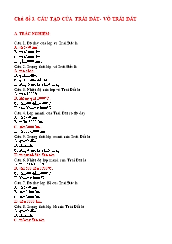 Câu hỏi ôn tập môn Địa lí 6 - Chủ đề 3: Cấu tạo của trái đất. Vỏ trái đất (Có đáp án)
