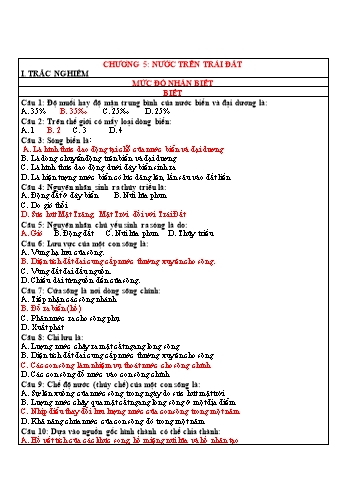 Câu hỏi ôn tập môn Địa lí 6 - Chương 5: Nước trên trái đất (Có đáp án)