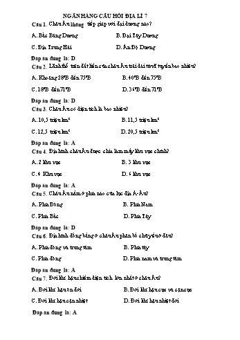 Câu hỏi ôn tập môn Địa lí 7 - Trắc nghiệm & Tự luận (Có đáp án)