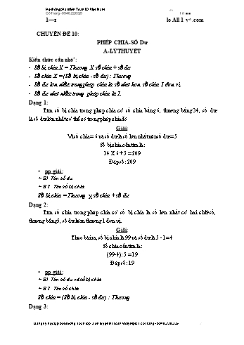 Chuyên đề nâng cao Toán Lớp 3 - Chuyên đề 10: Phép chia, số dư