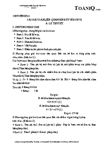 Chuyên đề nâng cao Toán Lớp 3 - Chuyên đề 12: Các bài toán liên quan đến rút về đơn vị