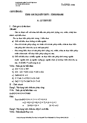 Chuyên đề nâng cao Toán Lớp 3 - Chuyên đề 2: Tính giá trị biểu thức, tính nhanh
