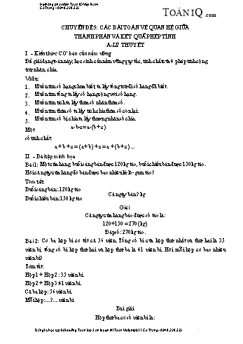 Chuyên đề nâng cao Toán Lớp 3 - Chuyên đề 5: Các bài toán về quan hệ giữa thành phần và kết quả phép tính