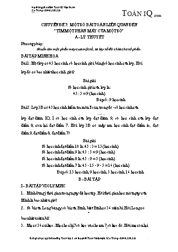 Chuyên đề nâng cao Toán Lớp 3 - Chuyên đề 7: Một số bài toán liên quan đến  Tìm một phần mấy của một số