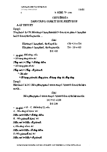 Chuyên đề nâng cao Toán Lớp 3 - Chuyên đề 9: Dạng tăng, giảm, ít hơn, nhiều hơn