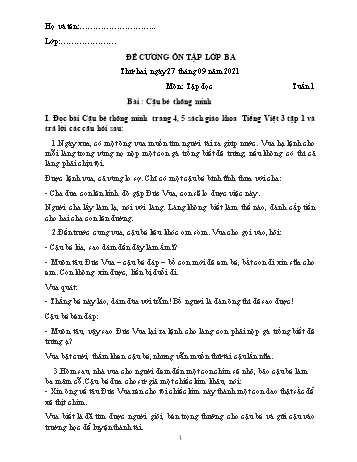 Đề cương ôn tập các môn Khối 3 - Tuần 1 - Năm học 2021-2022 - Trường Tiểu học Chánh Hội A