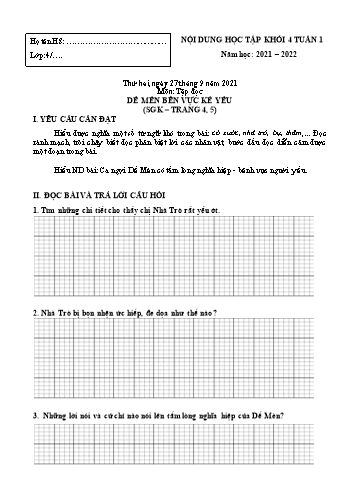 Đề cương ôn tập các môn Khối 4 - Tuần 1 - Năm học 2021-2022 - Trường Tiểu học Chánh Hội A