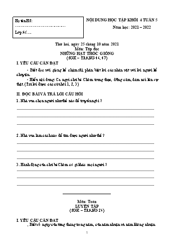 Đề cương ôn tập các môn Khối 4 - Tuần 5 - Năm học 2021-2022 - Trường Tiểu học Chánh Hội A