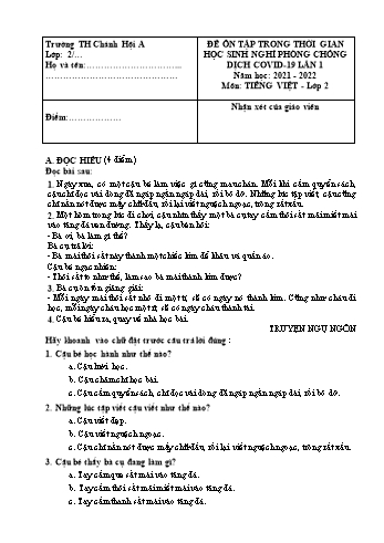 Đề cương ôn tập Covid 19 Toán & Tiếng Việt Lớp 2 - Lần 1 - Năm học 2021-2022 - Trường Tiểu học Chánh Hội A