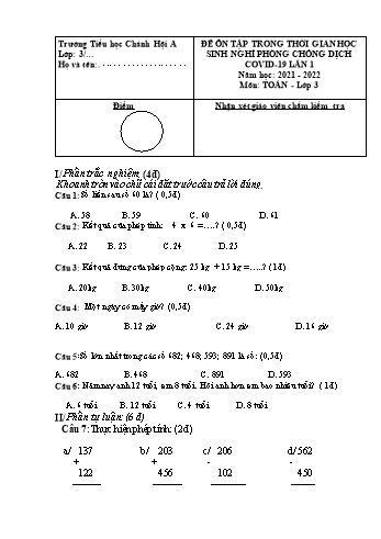 Đề cương ôn tập Covid 19 Toán & Tiếng Việt Lớp 3 - Lần 1 - Năm học 2021-2022 - Trường Tiểu học Chánh Hội A