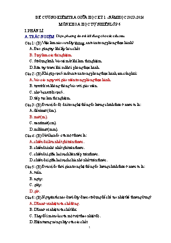 Đề cương ôn tập kiểm tra giữa học kỳ I môn Khoa học tự nhiên 6 - Năm học 2023-2024