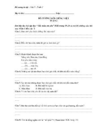 Đề cương ôn tập môn Toán & Tiếng Việt Lớp 5 - Tuần 2 - Trường Tiểu học Hòa Tịnh B