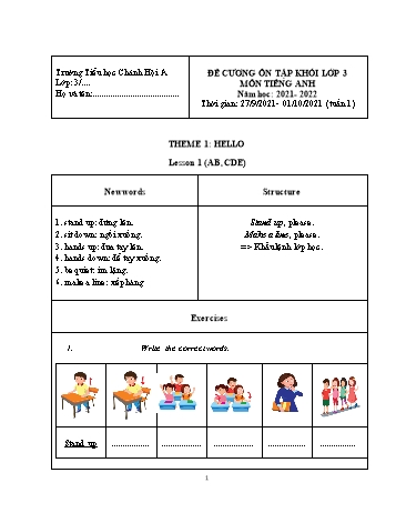 Đề cương ôn tập Tiếng Anh Lớp 3 - Theme 1 - Năm học 2021-2022 - Trường Tiểu học Chánh Hội A