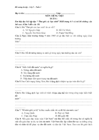 Đề cương ôn tập Toán & Tiếng Việt Khối 5 - Tuần 1 - Trường Tiểu học Hòa Tịnh B