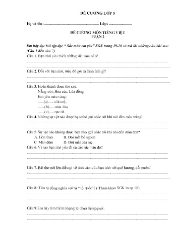 Đề cương ôn tập Toán & Tiếng Việt Lớp 5 - Tuần 2 - Trường Tiểu học Hòa Tịnh B