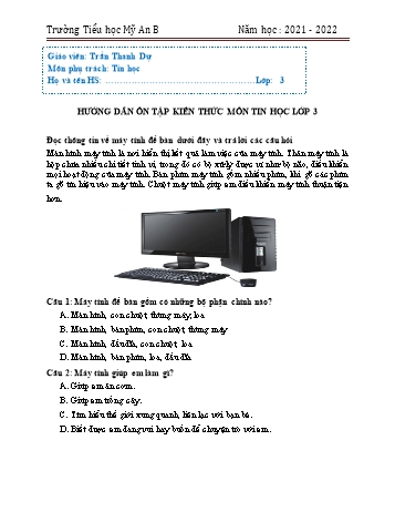 Đề cương Tin học Lớp 3 - Năm học 2021-2022 - Trường Tiểu học Mỹ An B