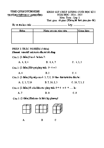 Đề khảo sát chất lượng cuối học kì I môn Toán Lớp 1 - Năm học 2024-2025 - Trường Tiểu học Anh Dũng