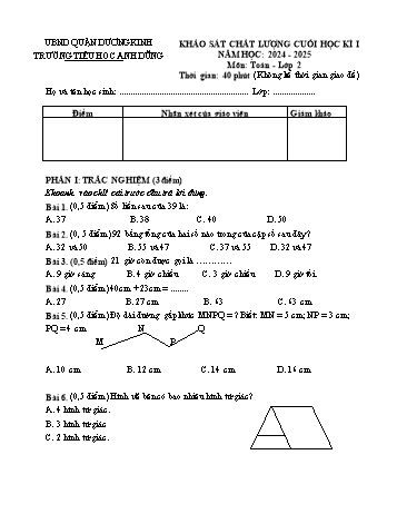 Đề khảo sát chất lượng cuối học kì I môn Toán Lớp 2 - Năm học 2024-2025 - Trường Tiểu học Anh Dũng