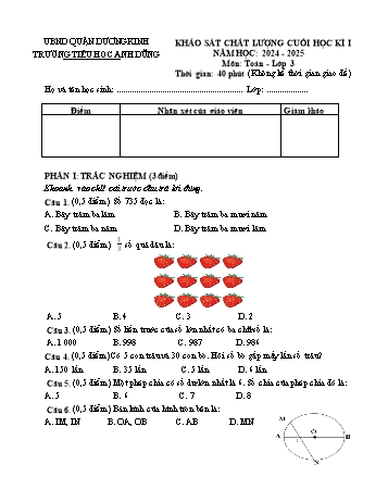 Đề khảo sát chất lượng cuối học kì I môn Toán Lớp 3 - Năm học 2024-2025 - Trường Tiểu học Anh Dũng
