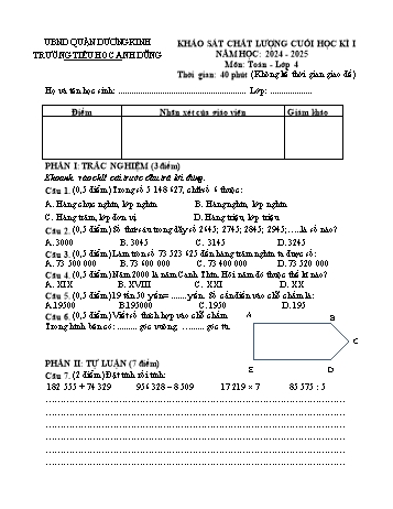 Đề khảo sát chất lượng cuối học kì I môn Toán Lớp 4 - Năm học 2024-2025 - Trường Tiểu học Anh Dũng