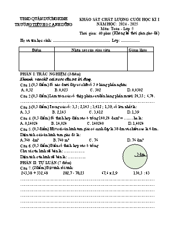 Đề khảo sát chất lượng cuối học kì I môn Toán Lớp 5 - Năm học 2024-2025 - Trường Tiểu học Anh Dũng