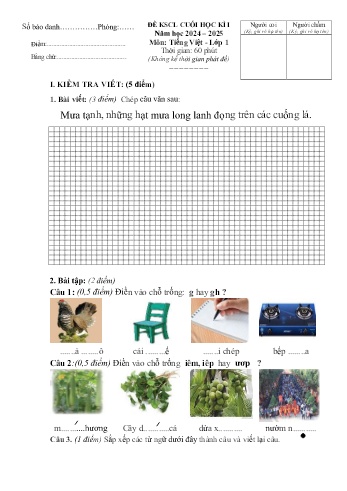 Đề khảo sát chất lượng cuối học kỳ I môn Tiếng Việt Lớp 1 - Năm học 2024-2025 - Trường Tiểu học Hưng Nhân (Có đáp án)