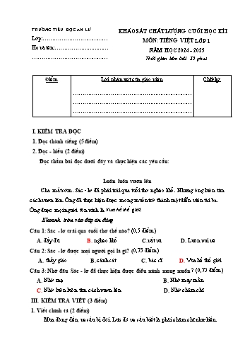Đề khảo sát chất lượng cuối học kỳ I môn Tiếng Việt Lớp 1 - Năm học 2024-2025 - Trường Tiểu học An Lư (Có đáp án)