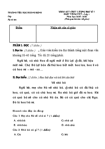 Đề khảo sát chất lượng cuối học kỳ I môn Tiếng Việt Lớp 1 - Năm học 2024-2025 - Trường Tiểu học Hoàng Động