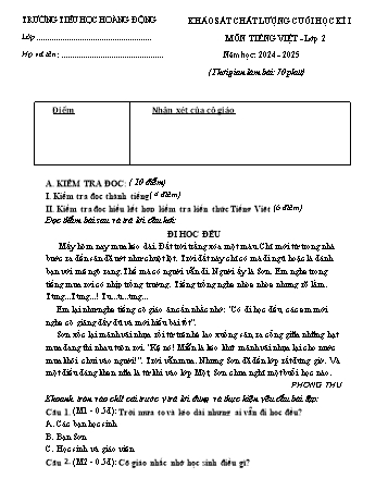 Đề khảo sát chất lượng cuối học kỳ I môn Tiếng Việt Lớp 2 - Năm học 2024-2025 - Trường Tiểu học Hoàng Động