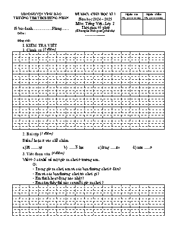 Đề khảo sát chất lượng cuối học kỳ I môn Tiếng Việt Lớp 2 - Năm học 2024-2025 - Trường TH&THCS Hưng Nhân (Có đáp án)