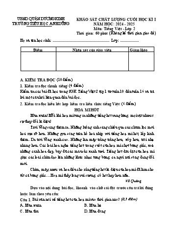 Đề khảo sát chất lượng cuối học kỳ I môn Tiếng Việt Lớp 2 - Năm học 2024-2025 - Trường Tiểu học Anh Dũng