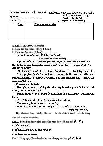 Đề khảo sát chất lượng cuối học kỳ I môn Tiếng Việt Lớp 3 - Năm học 2024-2025 - Trường Tiểu học Hoàng Động (Có đáp án)