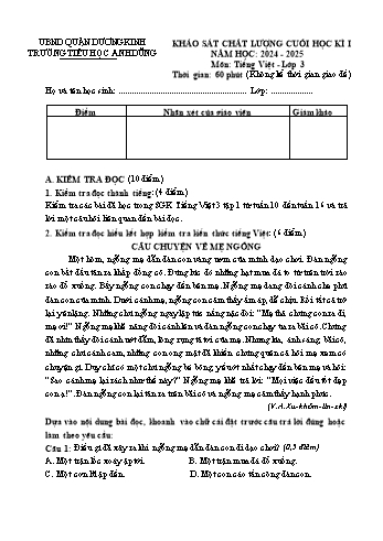 Đề khảo sát chất lượng cuối học kỳ I môn Tiếng Việt Lớp 3 - Năm học 2024-2025 - Trường Tiểu học Anh Dũng