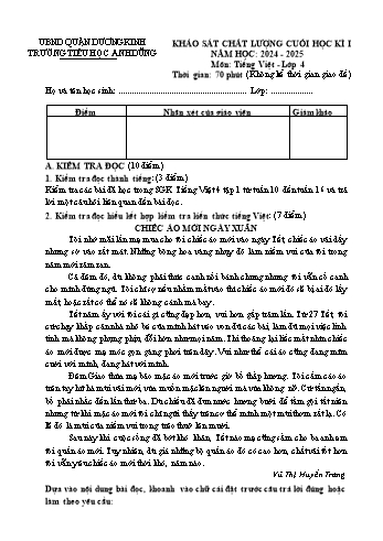 Đề khảo sát chất lượng cuối học kỳ I môn Tiếng Việt Lớp 4 - Năm học 2024-2025 - Trường Tiểu học Anh Dũng