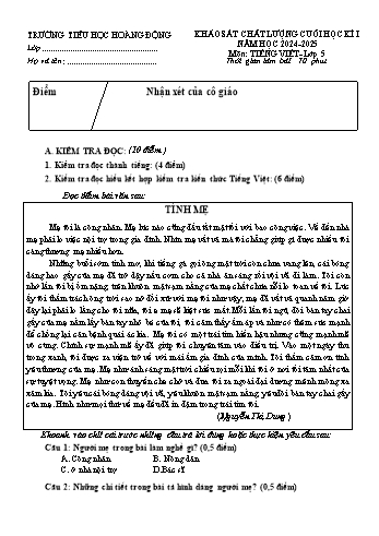 Đề khảo sát chất lượng cuối học kỳ I môn Tiếng Việt Lớp 5 - Năm học 2024-2025 - Trường Tiểu học Hoàng Động