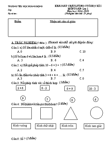 Đề khảo sát chất lượng cuối học kỳ I môn Toán Lớp 1 - Năm học 2024-2025 - Trường Tiểu học Hoàng Động