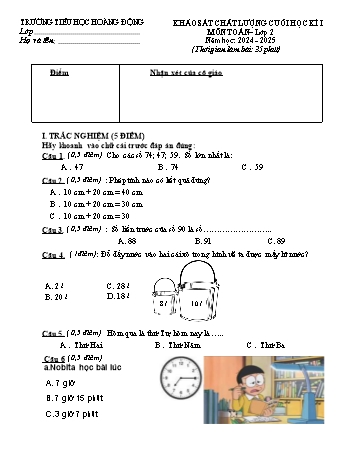 Đề khảo sát chất lượng cuối học kỳ I môn Toán Lớp 2 - Năm học 2024-2025 - Trường Tiểu học Hoàng Động