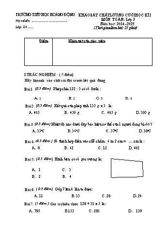 Đề khảo sát chất lượng cuối học kỳ I môn Toán Lớp 3 - Năm học 2024-2025 - Trường Tiểu học Hoàng Động