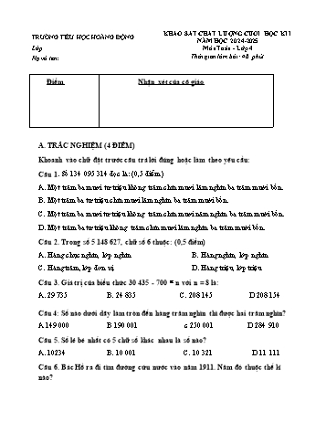 Đề khảo sát chất lượng cuối học kỳ I môn Toán Lớp 4 - Năm học 2024-2025 - Trường Tiểu học Hoàng Động
