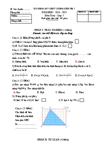Đề khảo sát chất lượng cuối học kỳ I môn Toán Lớp 5 - Năm học 2024-2025 - Trường Tiểu học Tân Liên (Có đáp án)