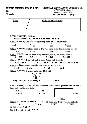 Đề khảo sát chất lượng cuối học kỳ I môn Toán Lớp 5 - Năm học 2024-2025 - Trường Tiểu học Hoàng Động