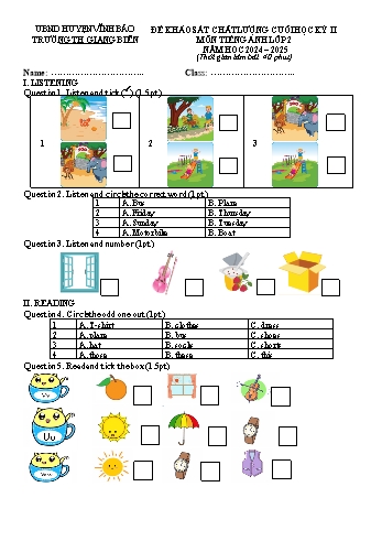 Đề khảo sát chất lượng cuối học kỳ II môn Tiếng Anh Lớp 2 (I-Learn) - Năm học 2024-2025 - Trường Tiểu học Giang Biên (Có đáp án + File nghe)