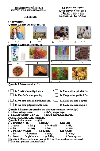 Đề khảo sát chất lượng học kì I môn Tiếng Anh Lớp 4 - Năm học 2024-2025 - Trường TH&THCS Hưng Nhân (Có đáp án + File nghe)