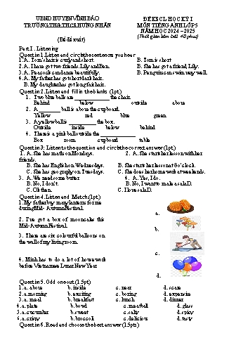 Đề khảo sát chất lượng học kì I môn Tiếng Anh Lớp 5 - Năm học 2024-2025 - Trường TH&THCS Hưng Nhân (Có đáp án + File nghe)