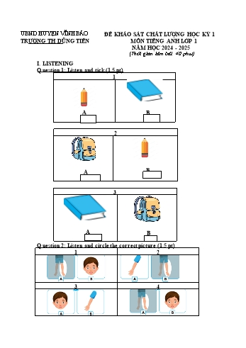 Đề khảo sát chất lượng học kỳ I môn Tiếng Anh Lớp 1 - Năm học 2024-2025 - Trường Tiểu học Dũng Tiến (Kèm file nghe)