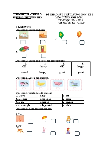 Đề khảo sát chất lượng học kỳ I môn Tiếng Anh Lớp 2 - Năm học 2024-2025 - Trường Tiểu học Dũng Tiến (Kèm file nghe)